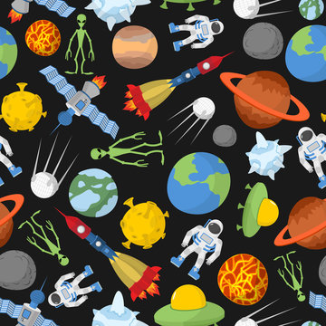 Space seamless pattern. Planets and rockets, UFO and alien, sate