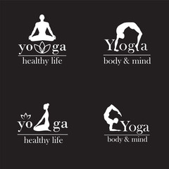 Set of logos for yoga studio or meditation class. Vector yoga illustration. . Set of labels, stickers, logos and badges. Fitness center.