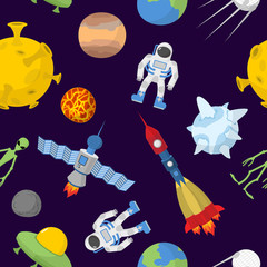 Fototapeta premium Space cartoon seamless pattern. Vector background. Astronaut and