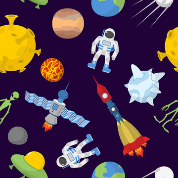 Space cartoon seamless pattern. Vector background. Astronaut and