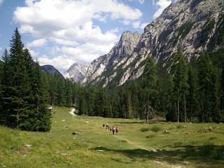 Fototapeta na wymiar People hiking in a green valley