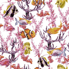 Naklejka premium Summer Vintage Watercolor Sea Life Seamless Pattern 