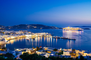Mykonos town at night, view from above, Greece