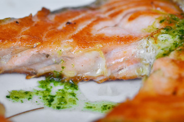 A closeup photo of grilled salmon.