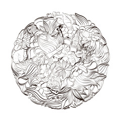 Floral doodle vector background. Sketch doodle template with summer flowers, fruits, berries and vanilla.