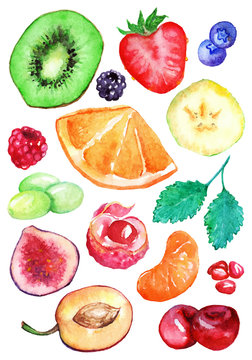 Watercolor kiwi strawberry blueberry blackberry raspberry orange banana grape mint mandarin cherry lychee fig plum pomegranate fruit berry set vector isolated
