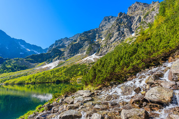 Waterfall at Morskie Oko lake in Tatra Mountains, Poland