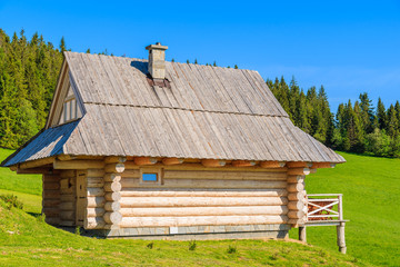 Fototapeta na wymiar Wooden hut on green meadow in summer, Tatra Mountains, Poland