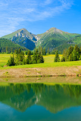 Fototapeta na wymiar Mountain peaks reflection in water of a lake in summer landscape of Tatra Mountains, Slovakia