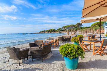 Beach bar on sandy Palombaggia beach, Corsica island, France