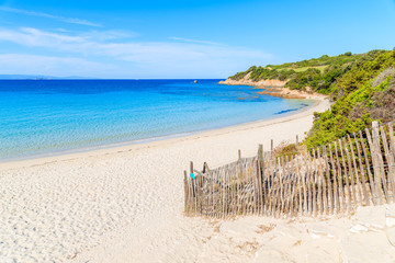 Beautiful white sand beach Grande Sperone with azure sea water, Corsica island, France