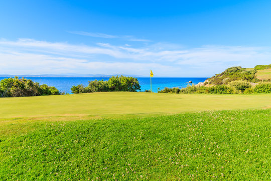 Green grass area on golf course playing area on Corsica island, France.