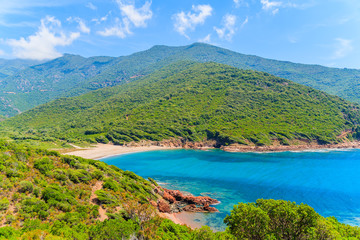 Beautiful secluded beach with azure sea water near Girolata bay, Corsica island, France
