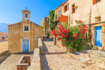 Typical church in small Corsican village of Sant' Antonino, Corsica, France