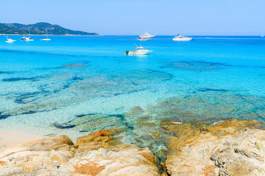 View of beautiful Saleccia beach with crystal clear sea water near Saint Florent, Corsica island, France