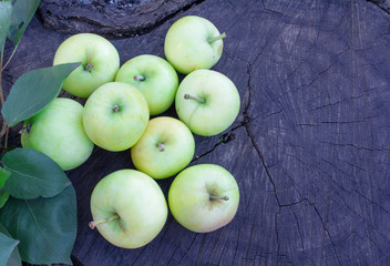 Green apples on a cracked stump