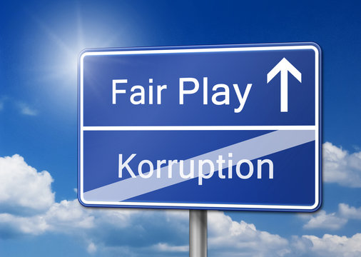 Fair Play statt Korruption Schild blau