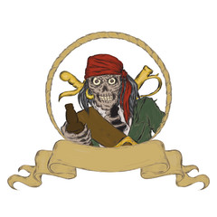 Pirate holding bottle of rum. Hand drawn scull illustration with space for text
