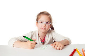 The little school-girl with felt pens, isolated on white background - 87478280