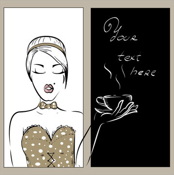 Waitress. Menu vintage template with sexy pin up girl serving cup of coffee