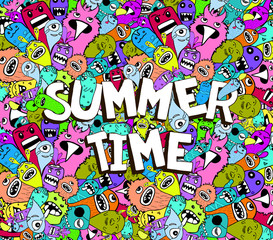 Hello summer time doodle hipster colorful background