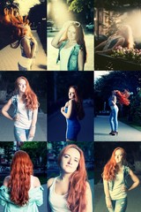 Red haired women posing outdoors set