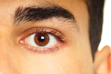 Eye of young man close up on white background