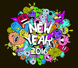new year 2016 doodle hipster colorful background