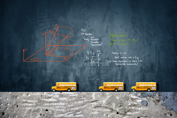School buses toy model  with hand written geometry formulas.