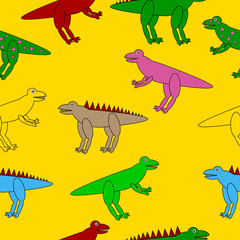 Dinosaurs seamless pattern on yellow background - vector illustration.