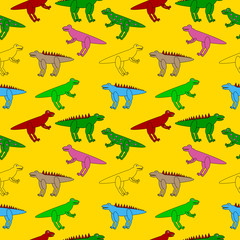 Dinosaurs seamless pattern on yellow background - vector illustration.