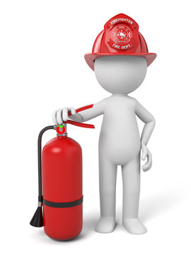 A 3d fireman standing with a helmet and a extinguisher. 3d image. Isolated white background