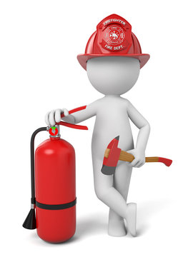 A 3d fireman standing with a helmet and a extinguisher. 3d image. Isolated white background