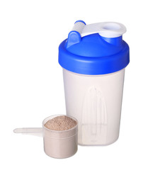 Shaker and cup of protein powder isolated on white background