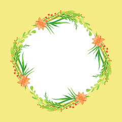 Watercolor wreath of flowers, leaves and branches