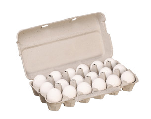 Cardboard egg box with white chicken eggs isolated on white back