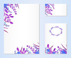 Vector set of invitation template cards with watercolor purple floral elements