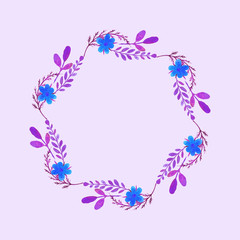Watercolor wreath of small blue flowers and leaves