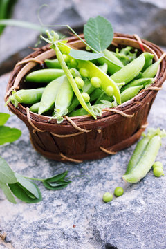 peas in a basket on a stone