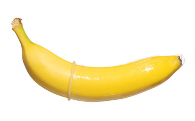 Banana with Condom isolated on background. Contraceptive Concept