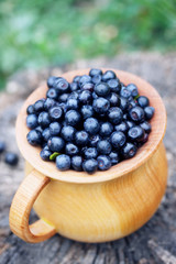 Forest blueberries in a wooden bowl