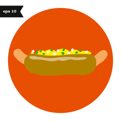 Hot dog icon on red circle. Vector design.