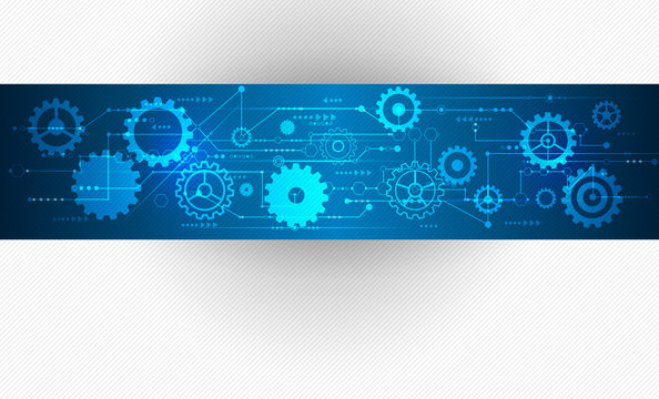 Vector Abstract futuristic, Stripe line printed circuit board pattern with gear wheel and arrow symbol on blue color background. Light gray color background with blank space for design