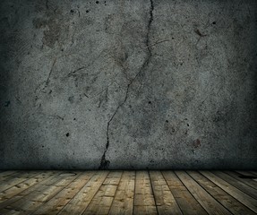 old grunge concrete room with wooden floor