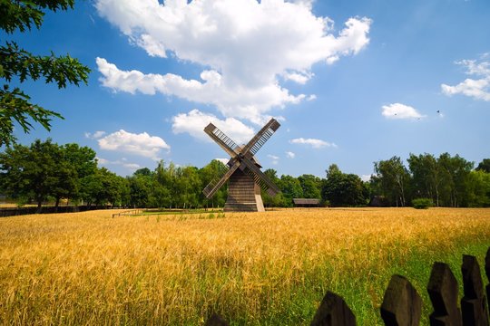 Agricultural summer landscape with old windmill