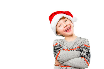 Portrait of a boy in christmas hat with happy and joyful facial