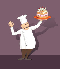 cartoon chef with mustaches holding a tray with cake
