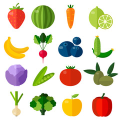 Fresh fruits and vegetables flat icons set. 