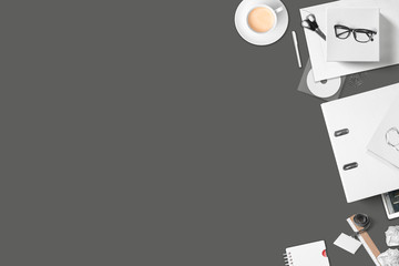 mockup scene desk with different office items - top view
