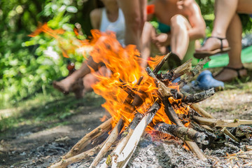 Bonfire in the forest. Happy holidays.